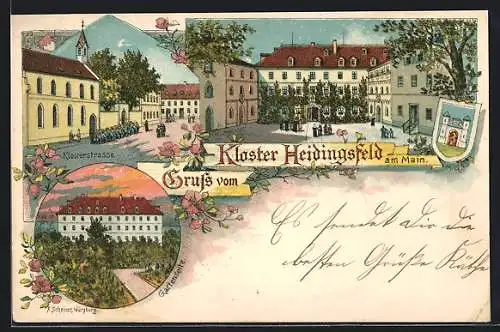 Lithographie Heidingsfeld am Main, Kloster Heidingsfeld, Gartenseite, Klosterstrasse