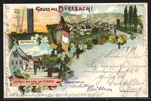 Lithographie Dürrbach / Würzburg, Schenkenturm, Gasthaus zum Adler von G. Walter