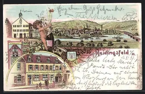 Lithographie Heidingsfeld a. M., Gasthaus zum weissen Lamm u. Metzgerei, Rathaus