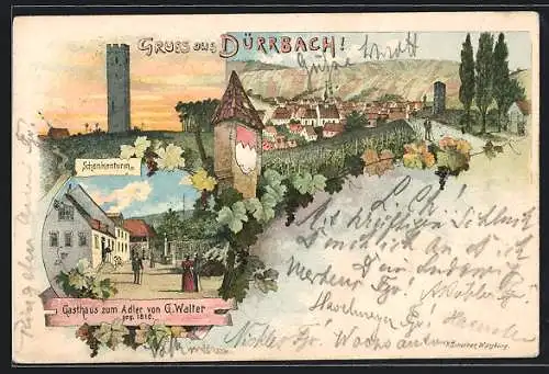 Lithographie Dürrbach / Würzburg, Gasthaus zum Adler, Schenkenturm, Teilansicht