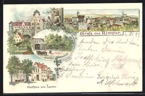 Lithographie Rimpar, Gasthaus Zum Lamm, Burg aus der Vogelschau, Totalansicht vom Ort