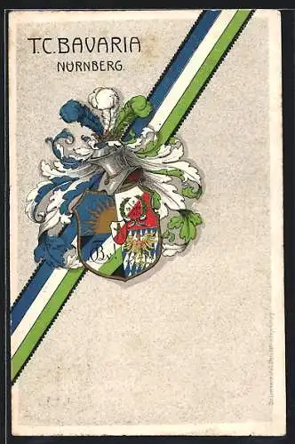 Künstler-AK Nürnberg, T. C. Bavaria, Ritterhelm mit Studentenwappen