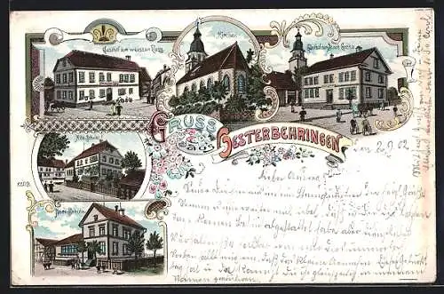 Lithographie Oesterbehringen, Gasthof zum weissen Ross, Gasthaus zur Stadt Gotha, Alte Schule