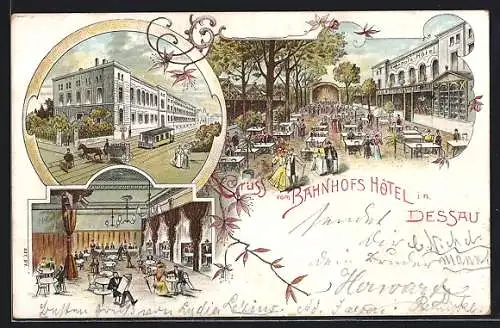 Lithographie Dessau, Bahnhofs-Hotel, Garten und Saal, Strassenbahn