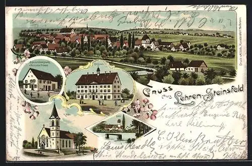 Lithographie Lehren-Steinsfeld, Spezereihandlung von Wilhelm Frank, Schloss, Kirche