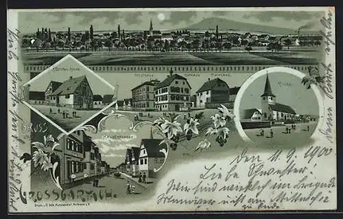 Mondschein-Lithographie Grossgartach, Hauptstrasse, Schulhaus mit Rathaus und Pfarrhaus, Kirche