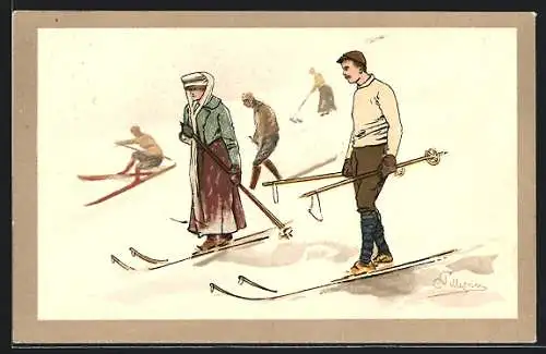 Künstler-AK Carlo Pellegrini: Paar beim Skifahren
