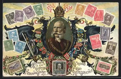 AK Kaiser Franz Josef I. von Österreich, 60. Regierungs-Jubiläum 1908, Briefmarken