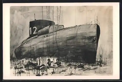 Künstler-AK Taucher bei einem gesunkenen U-Boot