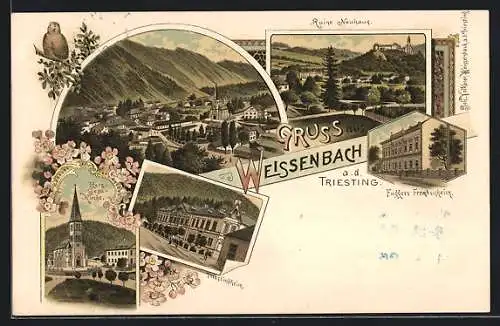 Lithographie Weissenbach a. d. Triesting, Hotel Fuggers Fremdenheim, Herz Jesu Kirche, Gesamtansicht, Ruine Neuhaus