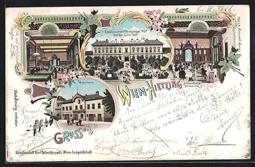 Lithographie Wien-Hietzing, Altdeutsche Weinstube, Wohnhaus, Hotel Hietzinger Hof