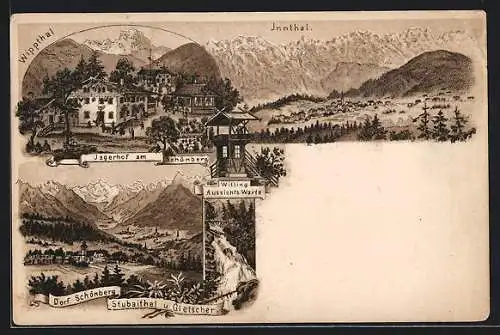 Lithographie Schönberg i. Stubaithal, Jagerhof am Schönberg, Witting Aussichts-Warte