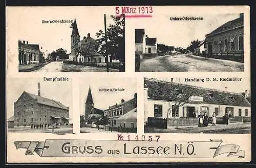 AK Lassee, Dampfmühle, Handlung D. M. Riedmüller, Obere Ortsstrasse