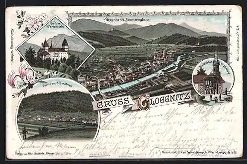 Lithographie Gloggnitz, Totalansicht, Schloss Wartenstein, Maria Taferl