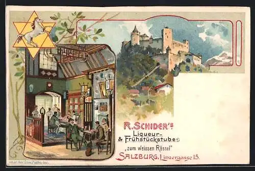 Lithographie Salzburg, R. Schieder`s Frühstücksstube Zum weissen Rössel, Linzergasse 15