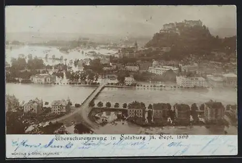 AK Salzburg, Hochwasser 14. Sept. 1899, überschwemmte Stadt aus der Vogelschau
