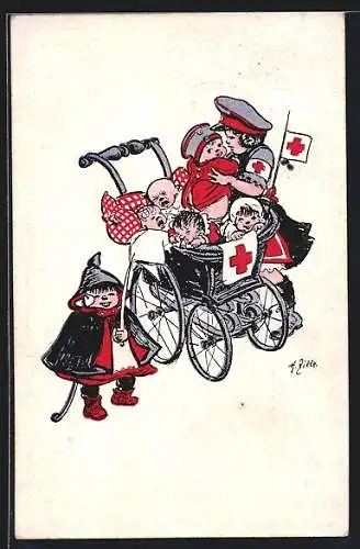 Künstler-AK Heinrich Zille: Rotkreuzschwester mit Kinderwagen und Babies