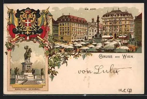 Vorläufer-Lithographie Wien, 1893, Radetzky Denkmal, Markttag am Hof, Wappen