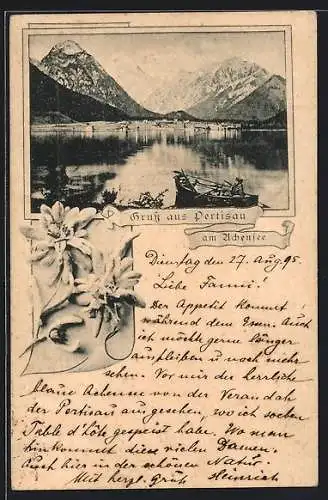 Vorläufer-AK Pertisau am Achensee, 1895, Ortsansicht gegen die Berge, Ruderboot am Seeufer