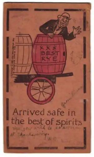 Leder-AK Arrived safe in the best of spirits, Reisender grüsst aus dem Whisky-Fass