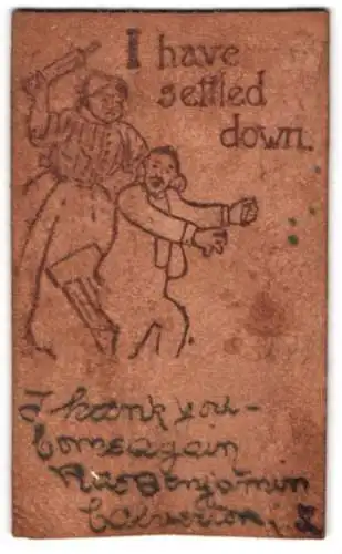 Leder-AK I have settled down, Ehemann wird mit dem Nudelholz verdroschen