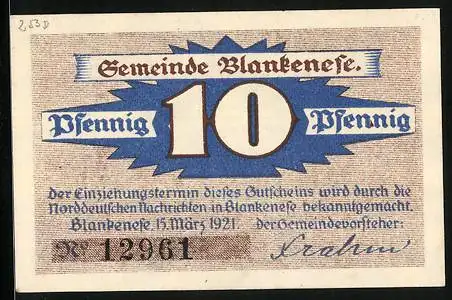 Notgeld Blankenese 1921, 10 Pfennig, Segelschiff