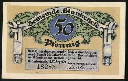 Notgeld Blankenese 1921, 50 Pfennig, Eichenlaub, Blankeneser Lotse