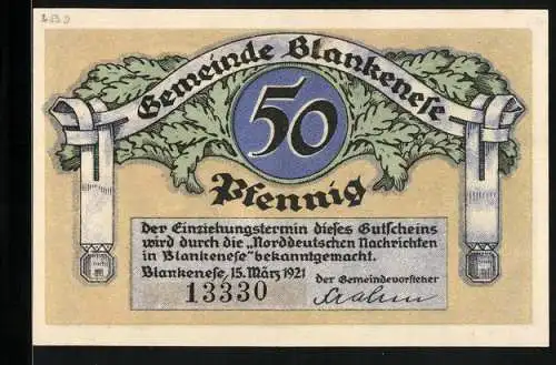 Notgeld Blankenese 1921, 50 Pfennig, Eichenlaub, Blankeneser Lotse