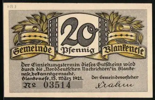 Notgeld Blankenese 1921, 20 Pfennig, Lorbeerlaub, Ortsansicht