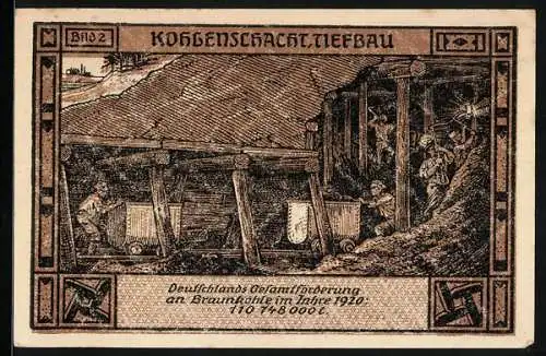 Notgeld Bitterfeld 1921, 50 Pfennig, Arbeiter und Fanfarenbläserin, Kohlenschacht Tiefbau