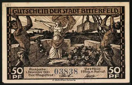 Notgeld Bitterfeld 1921, 50 Pfennig, Arbeiter und Fanfarenbläserin, Kohlenschacht Tiefbau