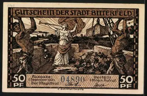 Notgeld Bitterfeld 1921, 50 Pfennig, Arbeiter und Fanfarenbläserin, Kohlentransport auf der Schiene