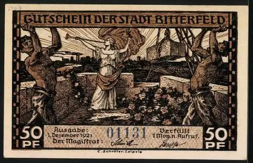 Notgeld Bitterfeld 1921, 50 Pfennig, Arbeiter und Fanfarenbläserin, Brikettpressen-Raum