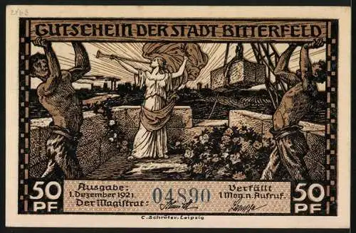 Notgeld Bitterfeld 1921, 50 Pfennig, Arbeiter und Fanfarenbläserin, Hausbrand und Kleingewerbe