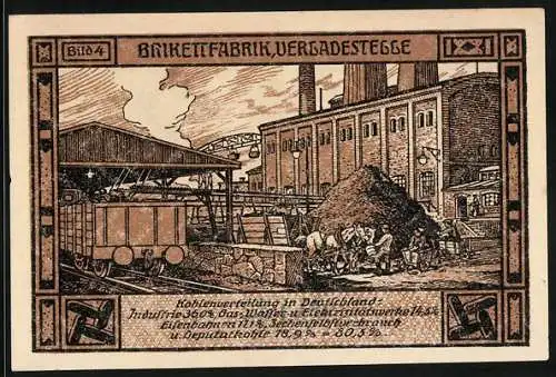 Notgeld Bitterfeld 1921, 50 Pfennig, Arbeiter und Fanfarenbläserin, Verladestelle der Brikettfabrik
