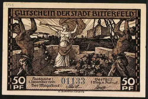 Notgeld Bitterfeld 1921, 50 Pfennig, Arbeiter und Fanfarenbläserin, Verladestelle der Brikettfabrik
