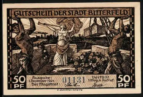 Notgeld Bitterfeld 1921, 50 Pfennig, Arbeiter und Fanfarenbläserin, Kohlenschacht-Tagebau