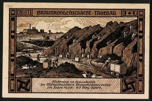 Notgeld Bitterfeld 1921, 50 Pfennig, Arbeiter und Fanfarenbläserin, Kohlenschacht-Tagebau