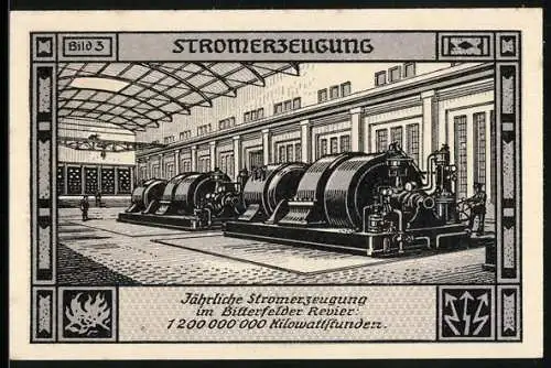 Notgeld Bitterfeld 1921, 75 Pfennig, Elektrizitätswerk mit allegorischer Figur, Stromerzeugung