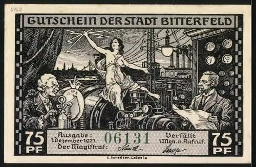 Notgeld Bitterfeld 1921, 75 Pfennig, Elektrizitätswerk mit allegorischer Figur, Stromerzeugung