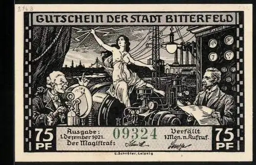 Notgeld Bitterfeld 1921, 75 Pfennig, Elektrizitätswerk mit allegorischer Figur, Kohlentagebau