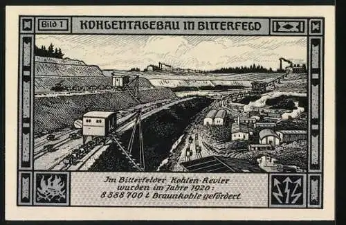 Notgeld Bitterfeld 1921, 75 Pfennig, Elektrizitätswerk mit allegorischer Figur, Kohlentagebau