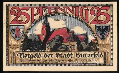 Notgeld Bitterfeld 1921, 25 Pfennig, Wappen, Kapelle, Brand 1473, Ähren