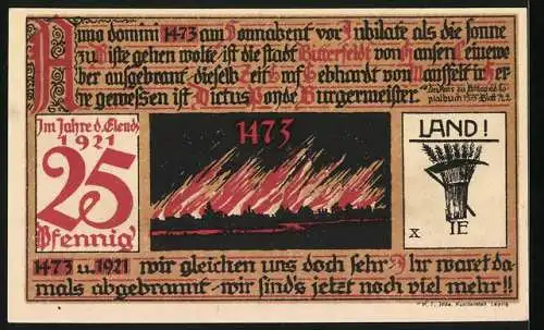 Notgeld Bitterfeld 1921, 25 Pfennig, Wappen, Kapelle, Brand 1473, Ähren