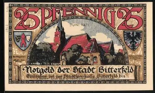 Notgeld Bitterfeld 1921, 25 Pfennig, Wappen, Kapelle, Brand 1473, Bier