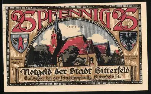 Notgeld Bitterfeld 1921, 25 Pfennig, Wappen, Kapelle, Brand 1473, Brikett