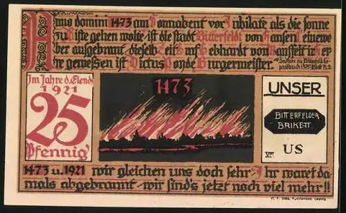 Notgeld Bitterfeld 1921, 25 Pfennig, Wappen, Kapelle, Brand 1473, Brikett