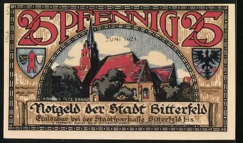 Notgeld Bitterfeld 1921, 25 Pfennig, Wappen, Kapelle, Brand 1473, Retten Miki