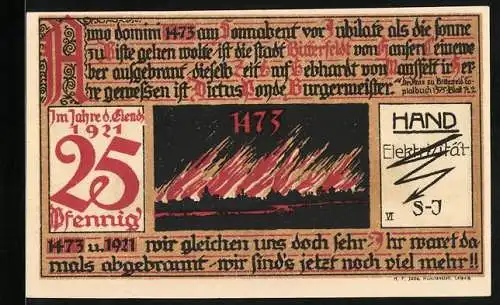 Notgeld Bitterfeld 1921, 25 Pfennig, Wappen, Kapelle, Brand 1473, Elektrizität