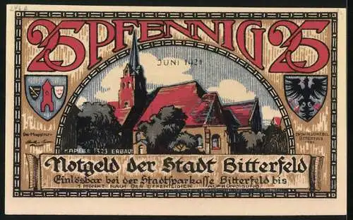 Notgeld Bitterfeld 1921, 25 Pfennig, Wappen, Kapelle, Brand 1473, Elektrizität